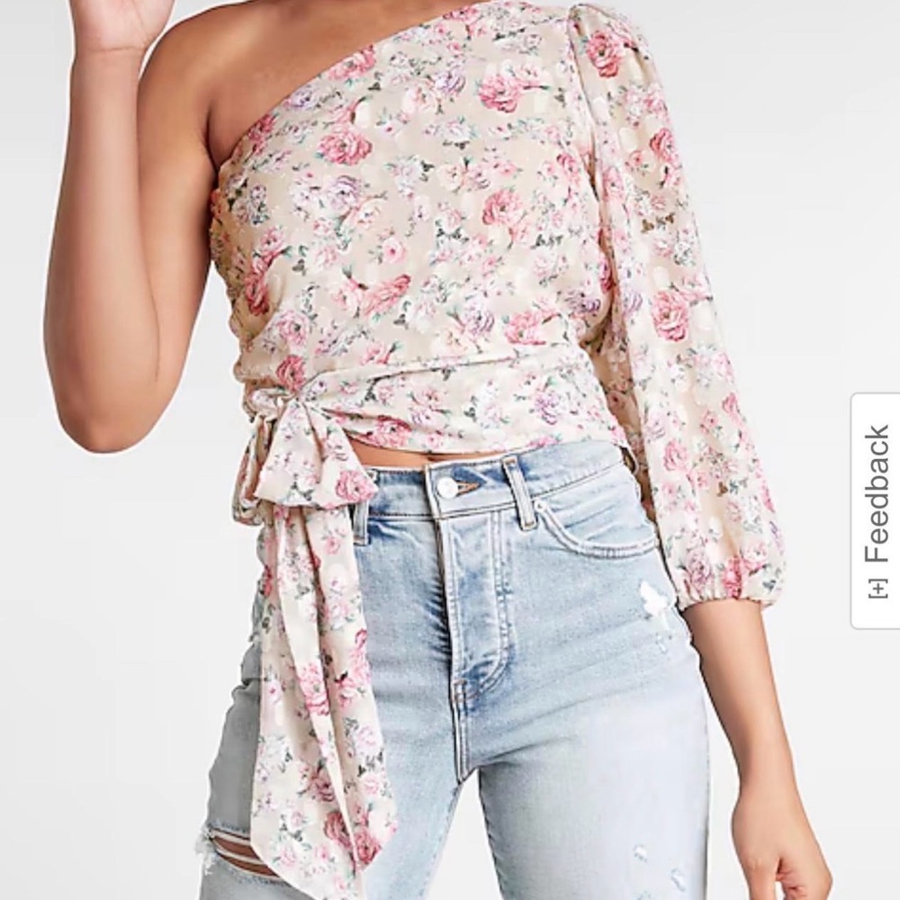 Express Floral One-Shoulder Tie-Waist Top - Blush Floral Sz L
